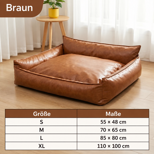 Braunes Lumaloo CozyNest Haustiersofa mit Größentabelle