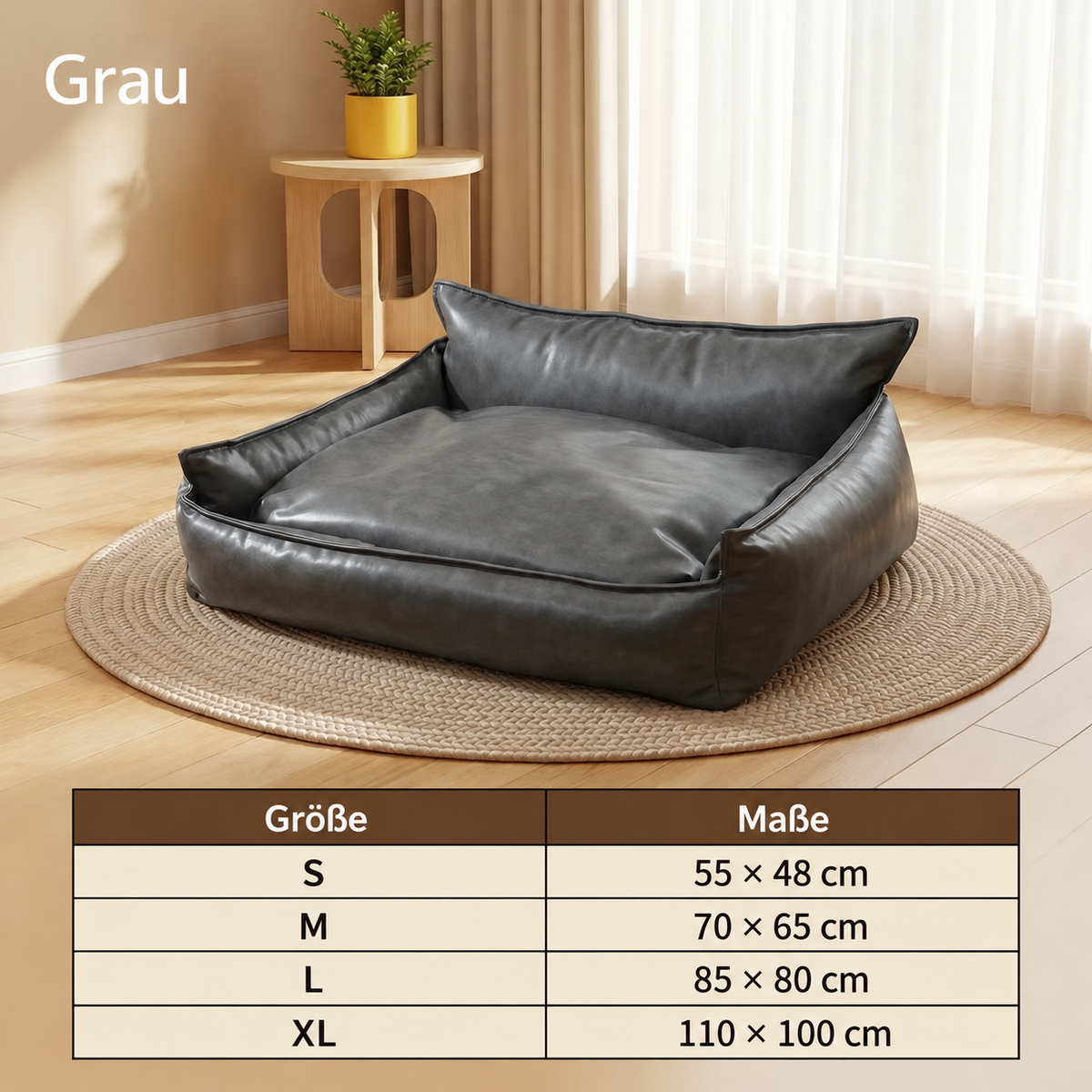 Graues Lumaloo CozyNest Haustiersofa mit Größentabelle