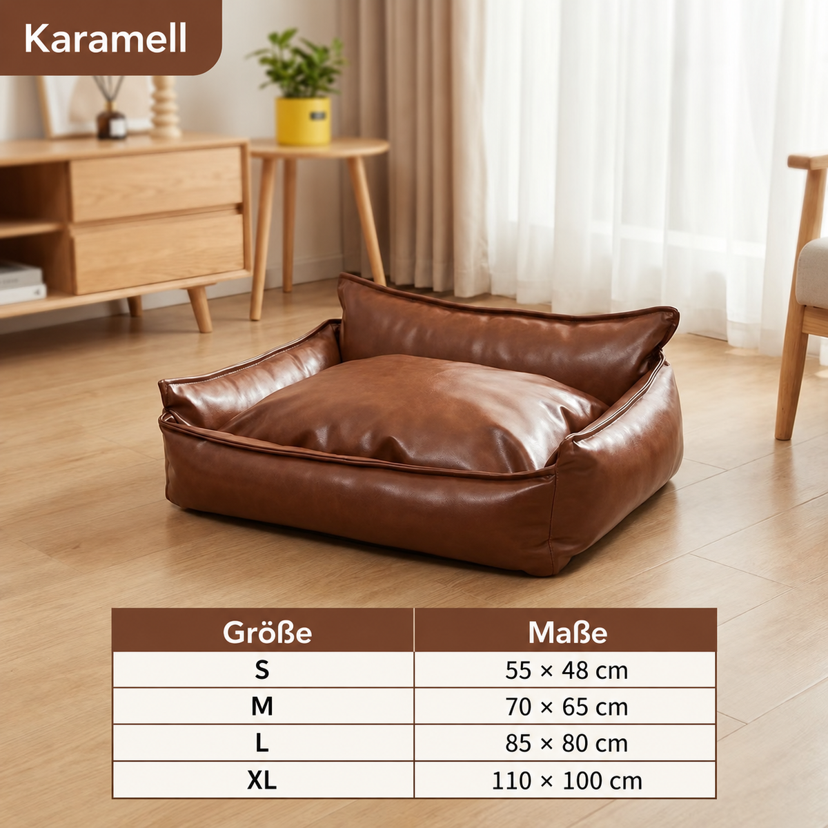 Karamellfarbenes Lumaloo CozyNest Haustiersofa mit Größentabelle