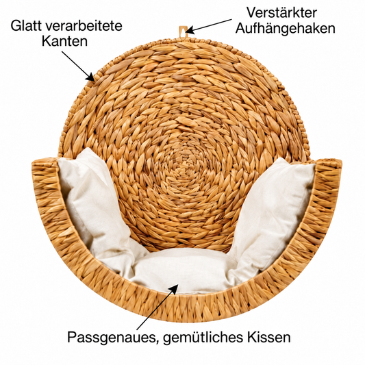 Frontalansicht des Lumaloo Katzen-Hängekorbs aus Wasserhyazinthe mit Kissen