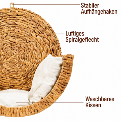 Katzen-Hängekorb aus Wasserhyazinthe mit Aufhängehaken und waschbarem Kissen