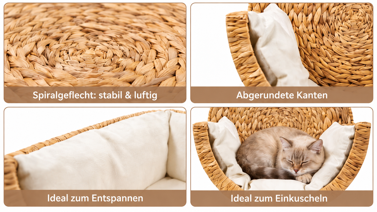 Detailansichten des Spiralgeflechts und Kissens des Katzen-Hängekorbs