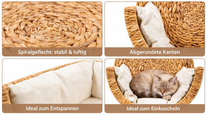 Detailansichten des Spiralgeflechts und Kissens des Katzen-Hängekorbs