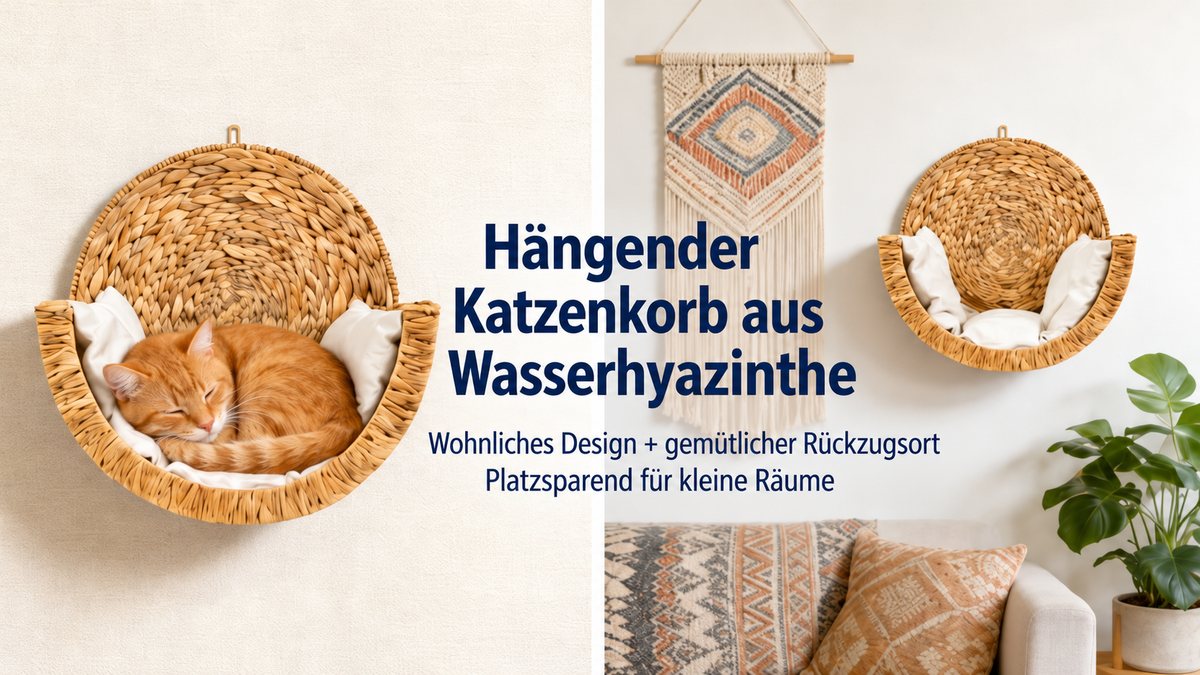 Katze in einem hängenden Katzenkorb aus Wasserhyazinthe im Wohnraum