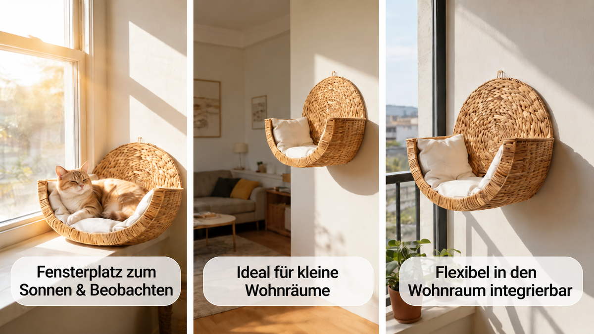 Katzen-Hängekorb aus Wasserhyazinthe an verschiedenen Plätzen im Wohnraum